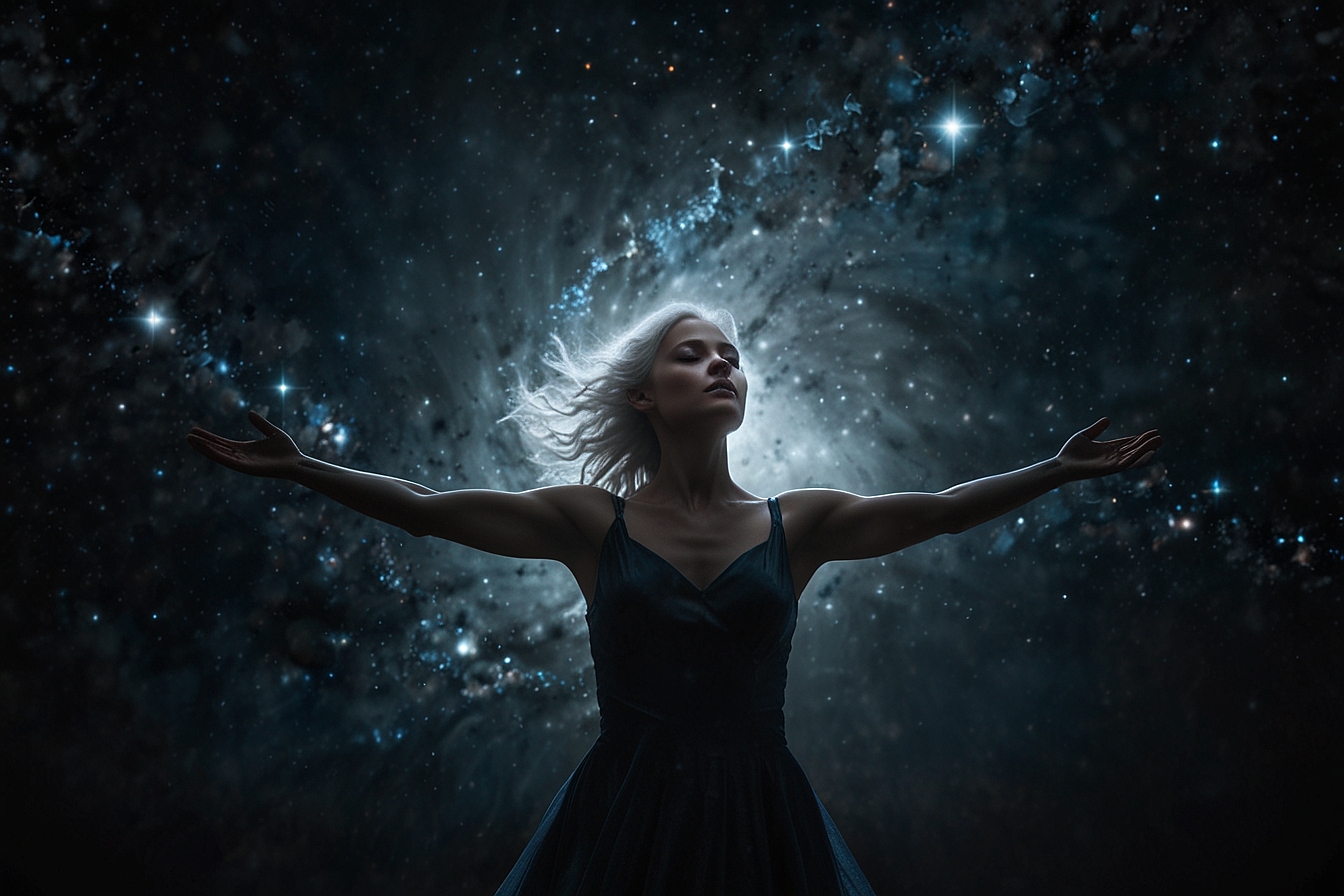 Una joven en medio de la oscuridad crea luz, sonido y movimiento en el vacío. A su espalda, una espiral galáctica comienza a girar como resultado de su danza estelar. Una escena poética y visual que representa la creación del universo desde la mirada inocente de una niña que sueña con inventar la vida.
