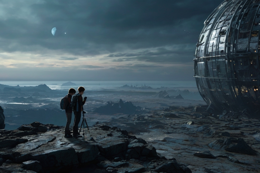 Dos adolescentes observan el cielo extraño desde un mundo lejano, ajustando un viejo telescopio bajo un firmamento gris, donde flotan estructuras titánicas y brilla en la distancia una diminuta mota azul: la Tierra. Imagen de ciencia ficción realista, exploración juvenil, Dyson sphere sky, nostalgia cósmica.