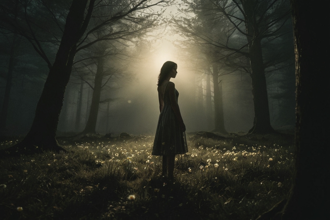 Joven en un bosque al anochecer, sosteniendo una margarita deshojada mientras corre tras un chico que huye hacia un muro de piedra. Escena de tensión romántica y naturaleza, inspirada en el juego del “me quiere, no me quiere”, con luz tenue y ambiente onírico.