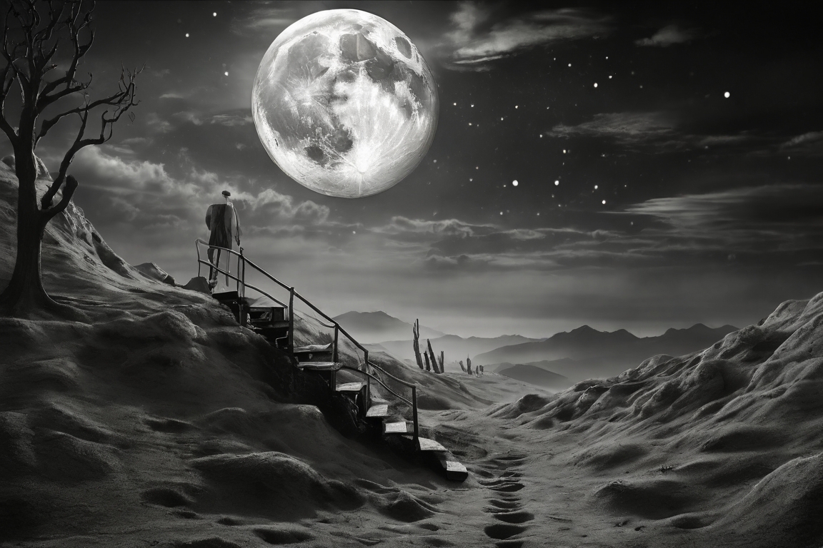 Un viajero solitario asciende por escaleras imposibles hacia una luna llena que lo observa con tristeza. Un paisaje de sueños y despedidas, donde el blanco y negro envuelve el anhelo de huir y la esperanza de encontrar refugio entre las estrellas.