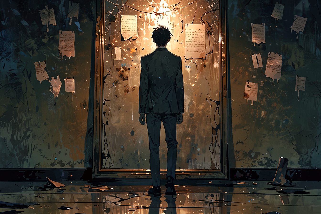 Retrato artístico de autor renovado: un reflejo en espejo antiguo que viste un traje hecho de papel, retazos y letras flotantes, simbolizando la reinvención de un nombre gastado. Inspirado en el texto “Traje nuevo para un nombre roto”, con atmósfera nostálgica, introspectiva y poética.