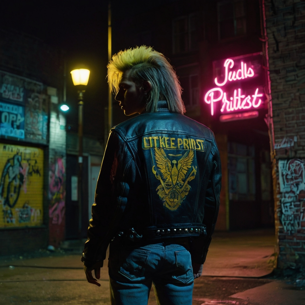 Primer plano de espaldas de un joven con peinado psychobilly, chaqueta de cuero con tachuelas y botas, iluminado por una farola amarilla en una calle urbana nocturna. Estética rebelde de los años 80, con aire nostálgico y contracultural. Imagen relacionada con el blog DeOniros sobre tribus urbanas, identidad y memoria generacional.