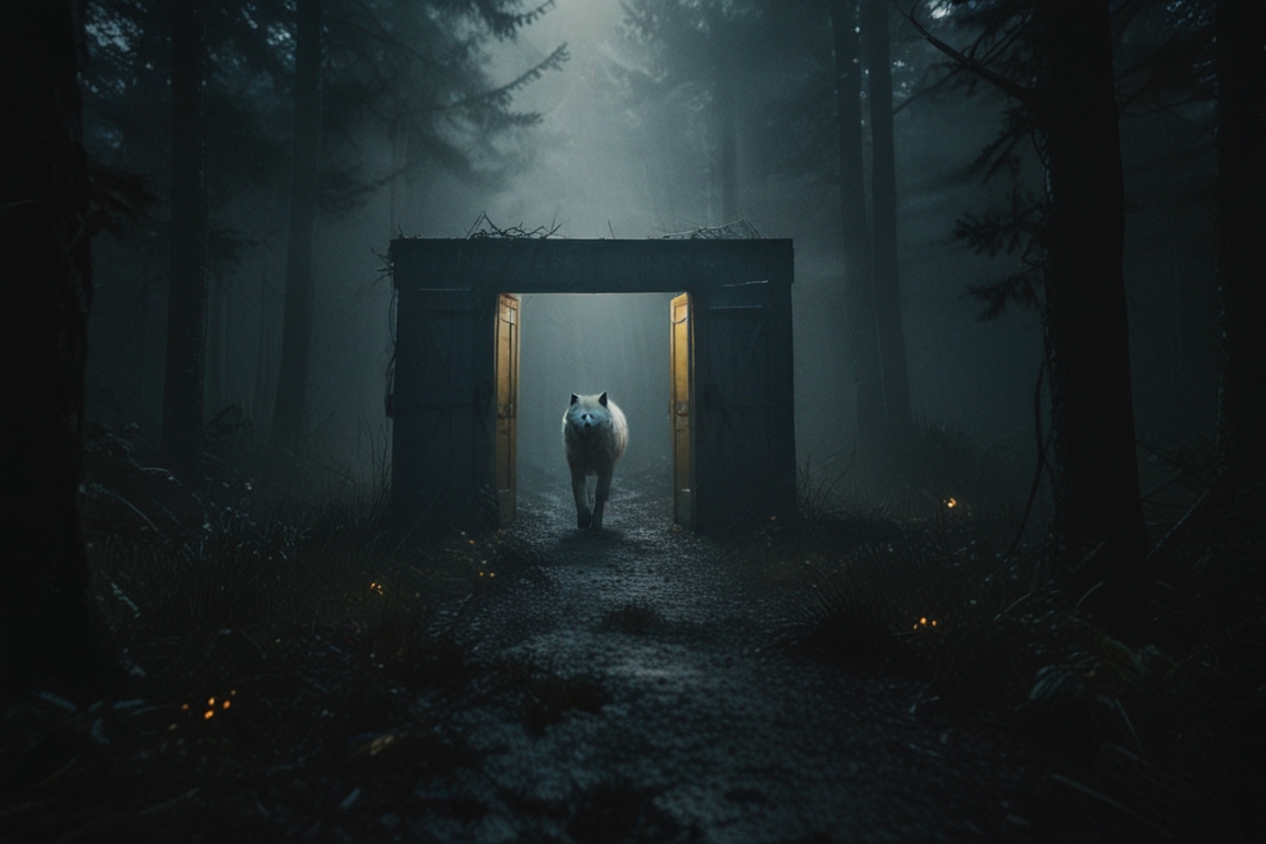 Ilustración onírica: un gran lobo blanco salta desde una puerta brillante y se transforma en perro viejo ante el soñador, en medio de un bosque de puertas y niebla azul. Estilo surrealista con atmósfera melancólica.