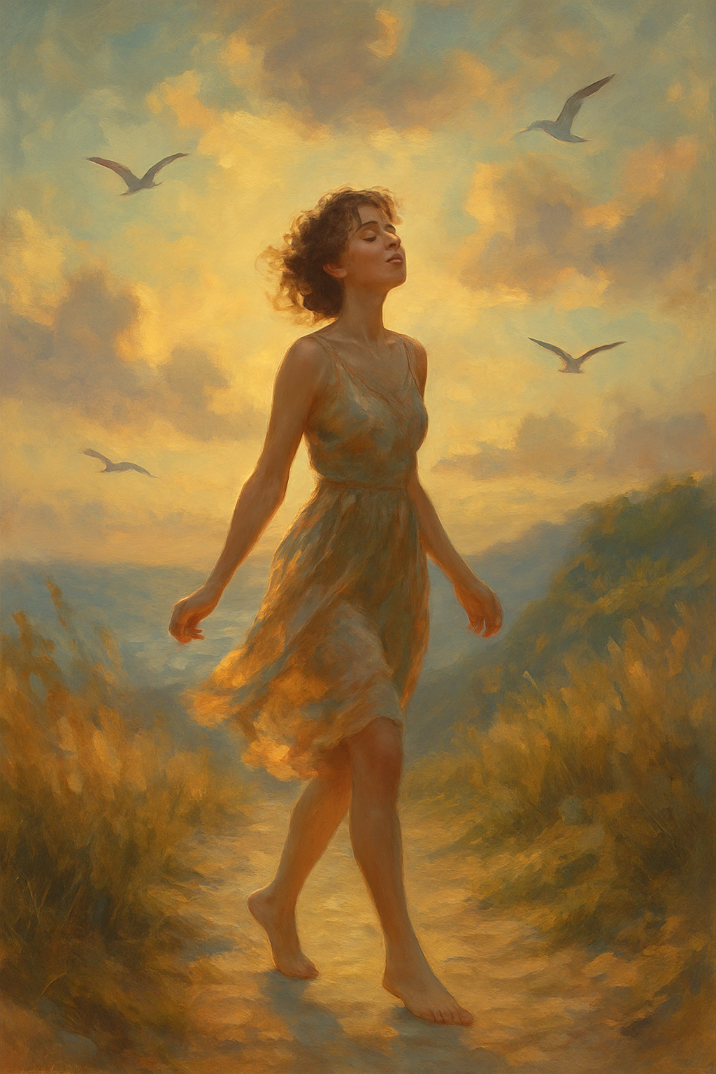 Una chica joven descalza baja por un sendero de montaña, al atardecer. Su vestido es ligero y fluye con el viento. El sol se cuela entre nubes suaves, tiñendo de dorado las hierbas altas. En el fondo se adivina un mar sereno o un acantilado, y gaviotas sobrevuelan la escena. La chica no mira al frente: tararea con los ojos cerrados, bailando al ritmo de una canción que solo ella escucha. Estética: poética, cinematográfica, suave, con tonos cálidos y trazos como de acuarela o pintura digital difuminada.