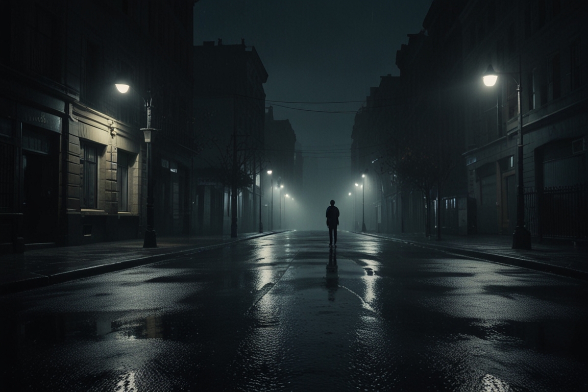 Ilustración poética de un encuentro fugaz y deseo nocturno en la ciudad. Dos figuras etéreas en un paisaje urbano de noche, con luces suaves, niebla y reflejos en el pavimento mojado. Emoción, soledad y pasión capturadas en estilo surrealista y cinematográfico.