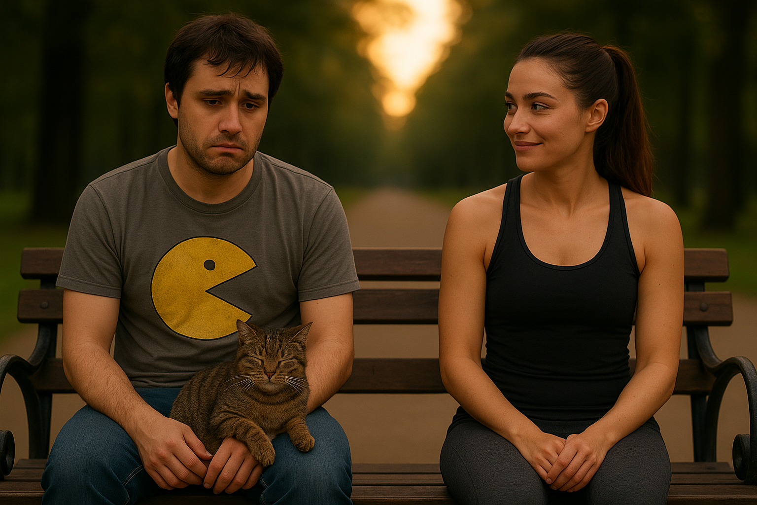 Ilustración de un joven jadeando tras correr, con un gato travieso a su lado que parece su entrenador zen. Frente a ellos, una chica que hace deporte sonríe mientras el gato se acomoda sobre sus piernas. El sol del atardecer tiñe el parque de tonos anaranjados.