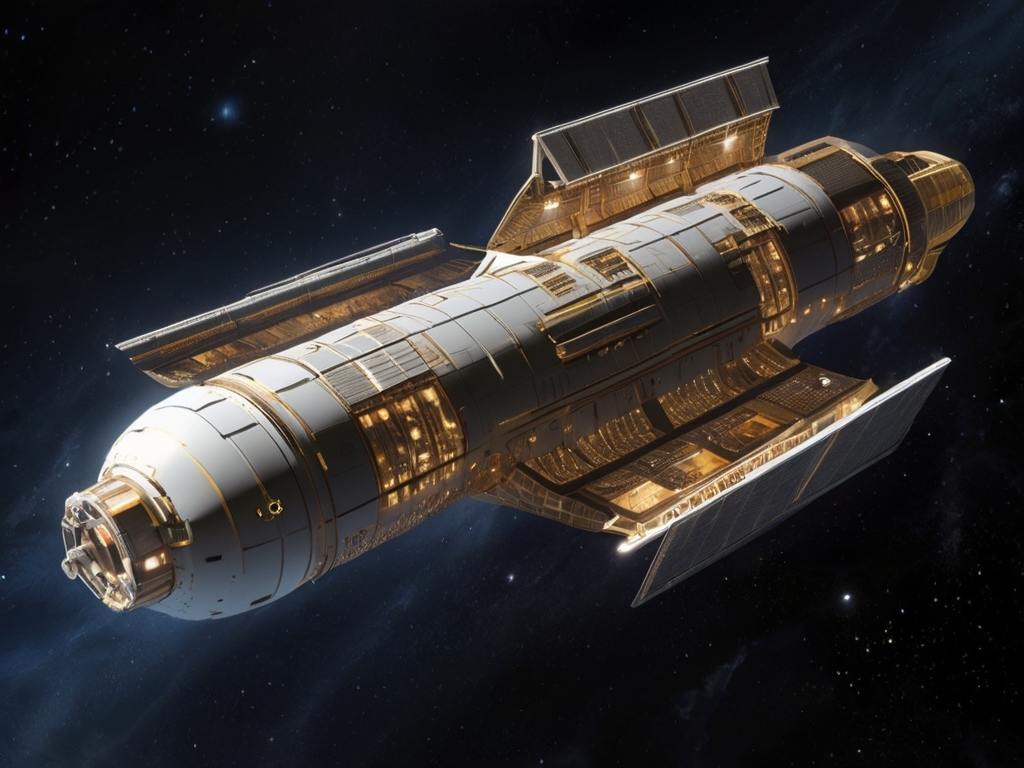 Una nave espacial avanzada de diseño realista pero elegante, atravesando el vacío profundo hacia Cassiopea A. La nave es grande, aerodinámica, con secciones cilíndricas para gravedad artificial y paneles luminosos que indican actividad de los sistemas. La luz de estrellas lejanas ilumina la cabina externa, reflejando delicadamente los metales y cristales de la estructura