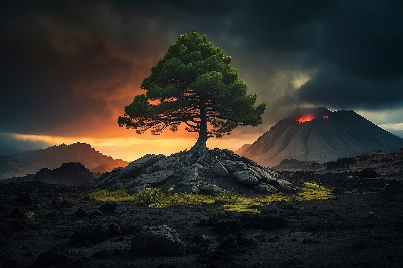 Paisaje volcánico tras una erupción: un mar de ceniza negra y lava endurecida cubre el suelo, aún con finas columnas de humo. En el centro, una pequeña isla de vida con un gran pino canario en pie, verde y luminoso, destacando entre la desolación. Luz cálida de amanecer filtrada entre nubes y ceniza en suspensión. Sensación de ruina y renacimiento al mismo tiempo.