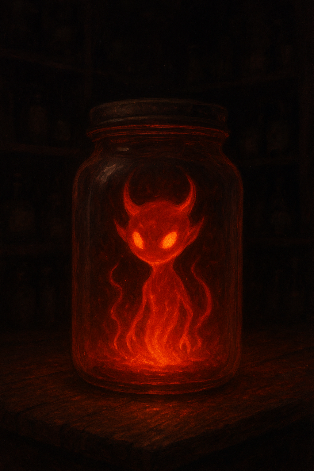 En un ambiente oscuro y cálido, un pequeño demonio de fuego líquido brilla dentro de un frasco de cristal antiguo. Su cuerpo parece danzar en forma de llamas rojas, con ojos luminosos y expresión traviesa. El frasco descansa sobre una mesa de madera envejecida, rodeado por sombras y reflejos de luz carmesí que tiñen el aire.