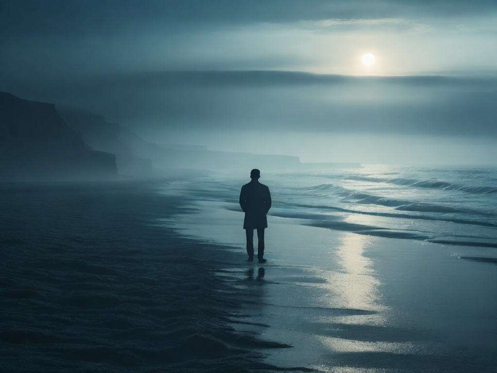 Hombre frente al mar al amanecer, con bruma suave y luz plateada reflejada en el horizonte, evocando renacimiento, viaje interior y encuentros inesperados junto a la costa.