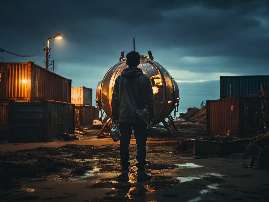 Joven de espaldas con ropa excéntrica observa una nave espacial artesanal construida con chatarra y objetos cotidianos, en un entorno futurista y poético al atardecer.