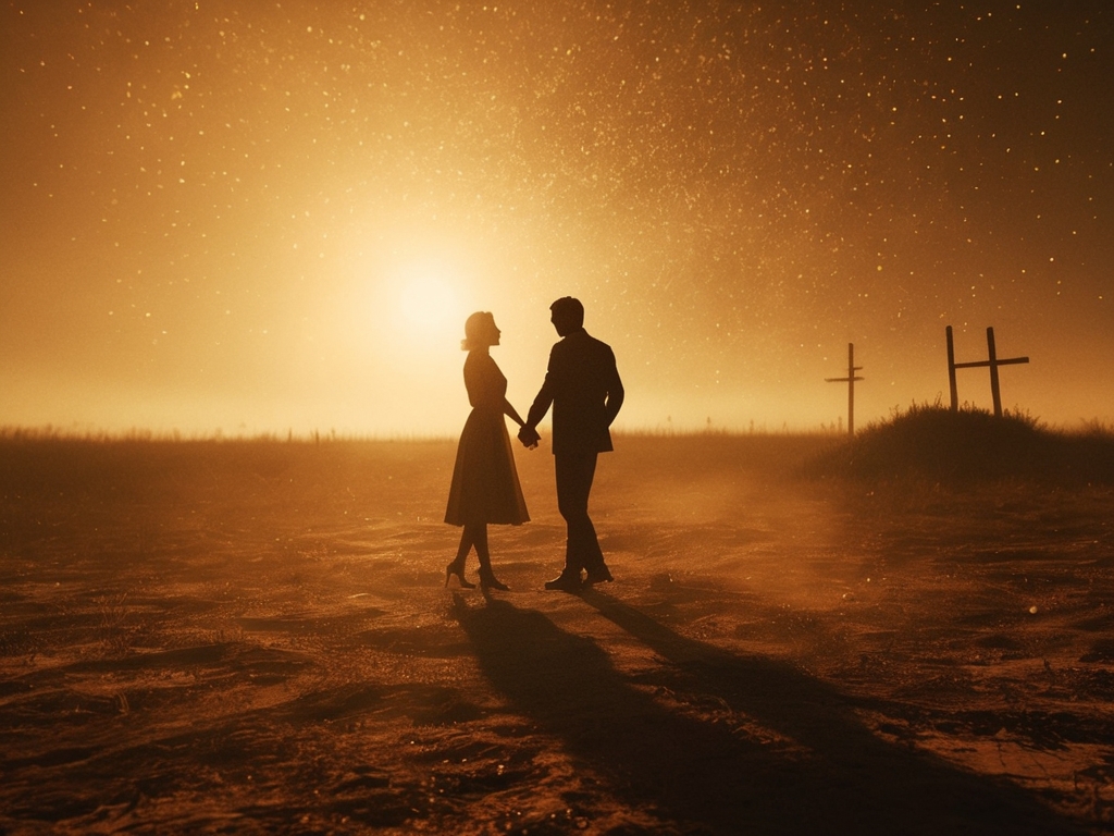 “Dibujo en sombras de dos siluetas danzando bajo un sol ardiente que las convierte en polvo, evocando un amor breve, fuego, abrazo y despedida. Fondo cálido, tonos dorados y sepia, atmósfera nostálgica y poética.”