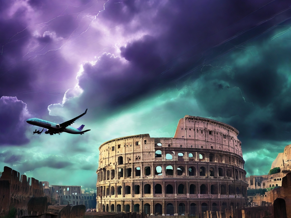 Un avión se acerca a Roma durante una noche tormentosa, los relámpagos iluminan nubes oscuras y el lejano Coliseo, con una sutil atmósfera de ensueño