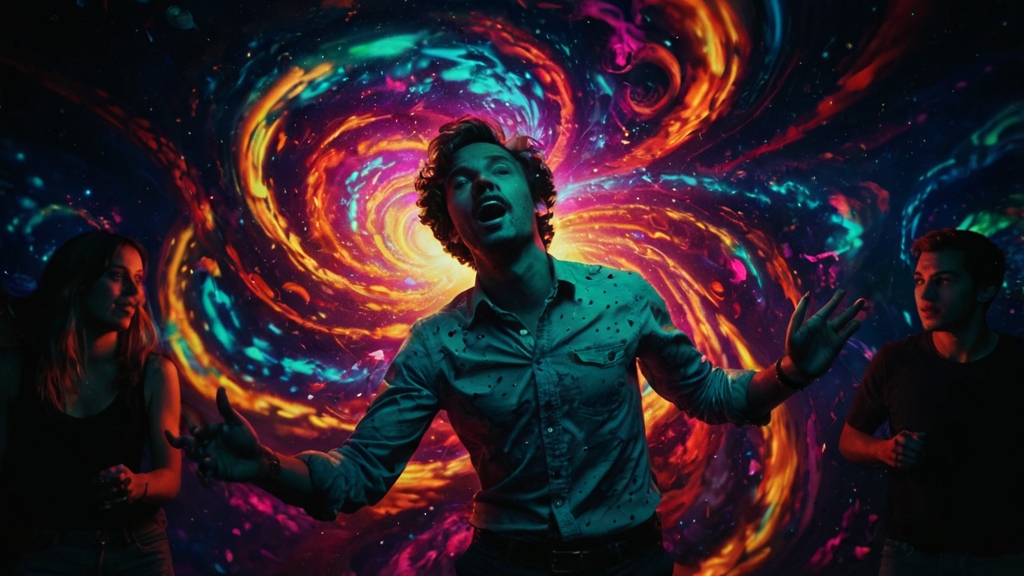 jóvenes bailando de forma caótica en un club nocturno, energía libre y diversa