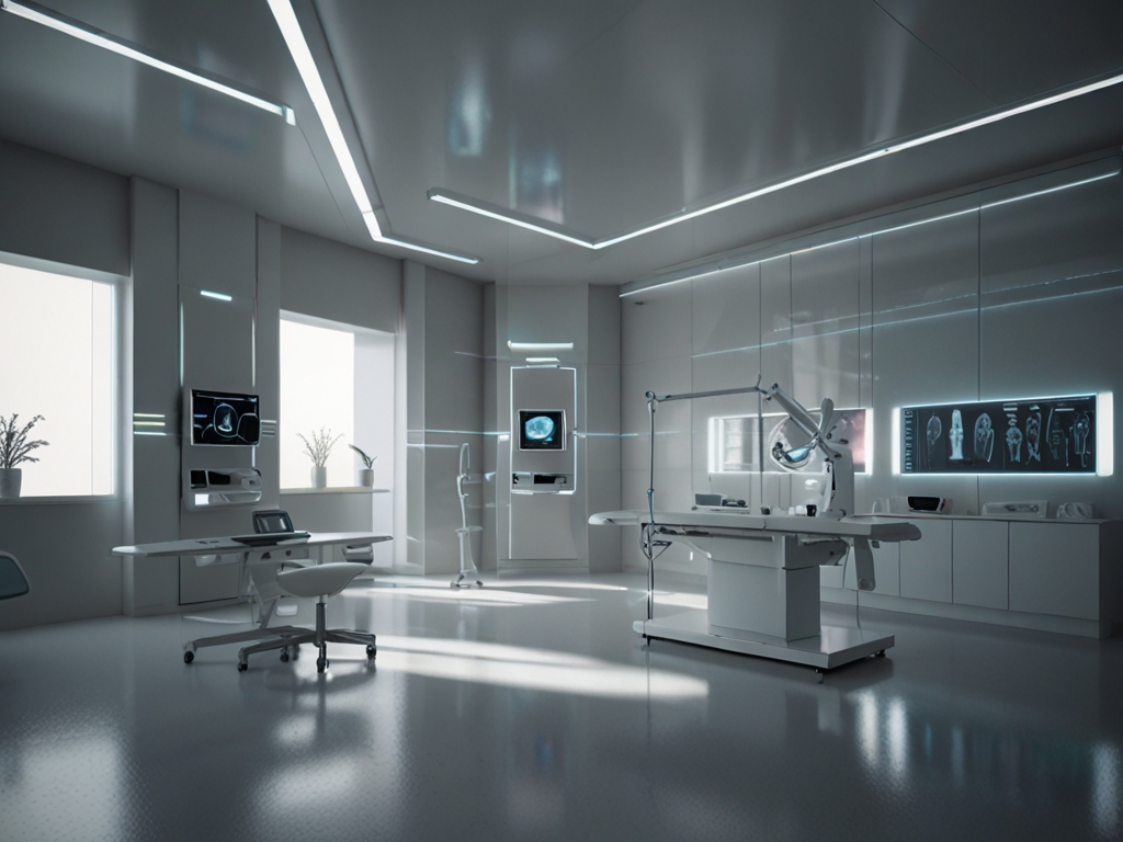 Fondo clínico blanco con pantalla holográfica mostrando un modelo corporal masculino en 3D, líneas técnicas superpuestas, ambiente minimalista y frío, luz quirúrgica, sensación de modernidad inquietante, estética futurista sobria, sin sangre, sin dramatismo, estilo realista cinematográfico